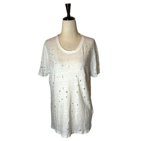 IRO Shirt Women Medium White Clay Cutout Distressed Linen Short Sleeve Tee - Picture 2 of 11